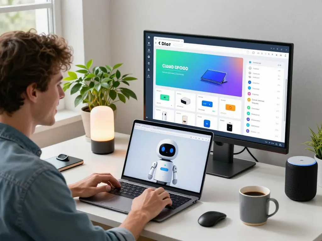Person engaging with Clawd Bot AI assistant in a modern home office and managing smart home tasks.