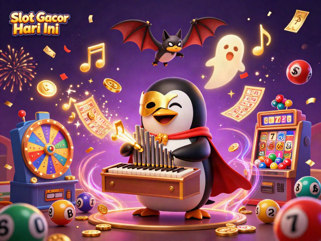Permainan Slot Gacor Hari Ini dengan penguin orkestra dan elemen kasino yang megah.
