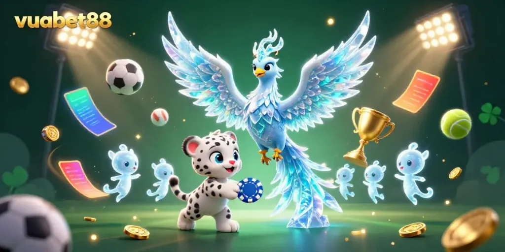 Experience the vibrant world of vuabet88 with an ice phoenix and gaming elements in this dynamic illustration.