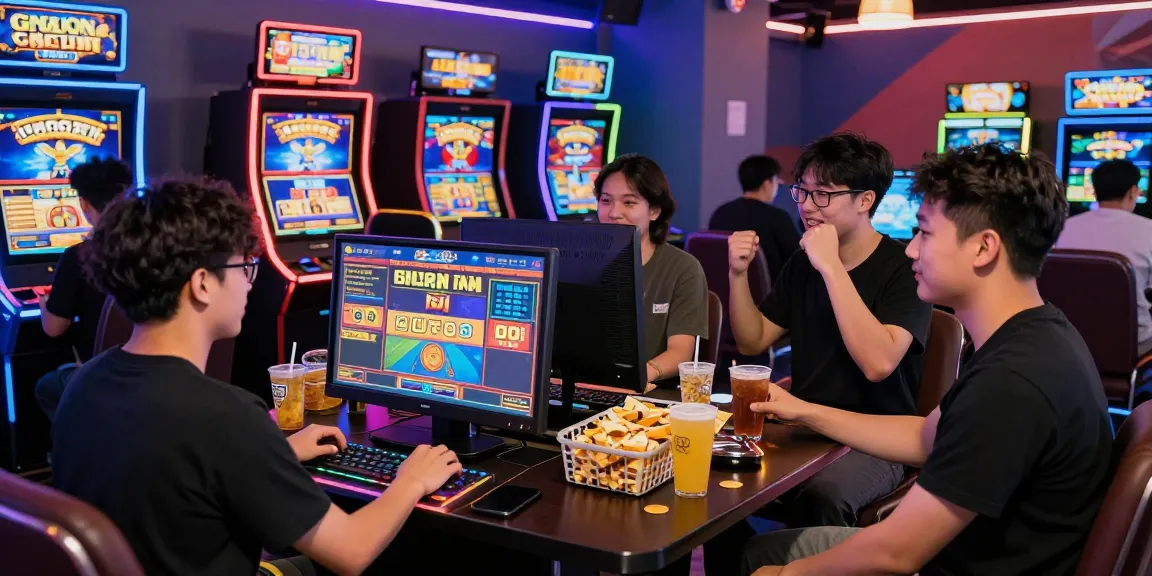 Kelompok dewasa muda bersenang-senang memainkan permainan slot gacor dengan suasana ceria dan makanan ringan.