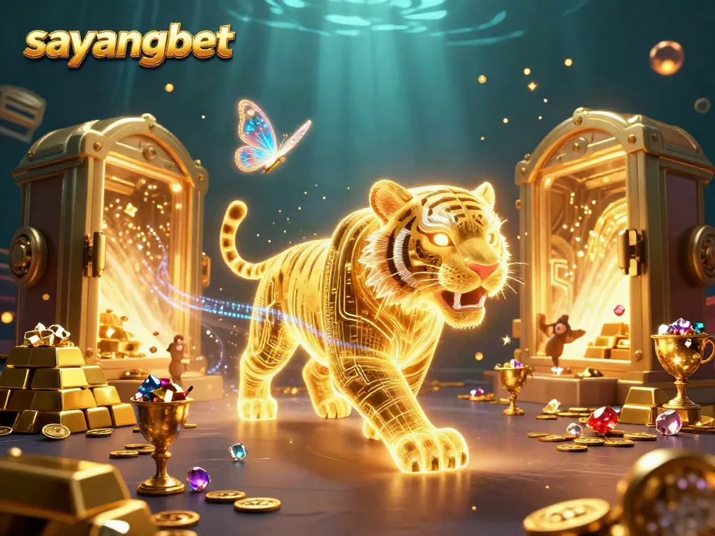 Experience winning moments with sayangbet in a dazzling casino scene featuring a golden tiger and treasures.