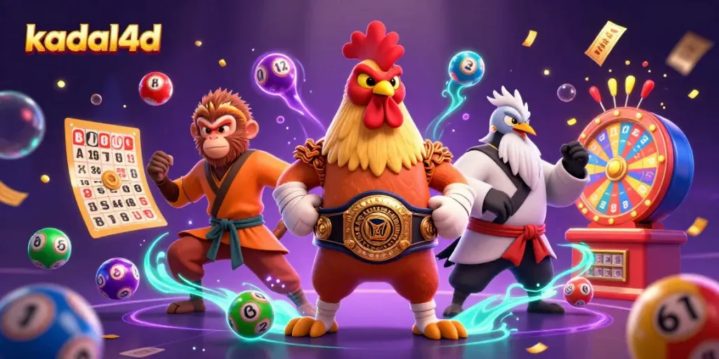 Engage with kadal4d's vibrant gaming scene featuring a fierce rooster and magical characters in a dynamic lottery illustration.