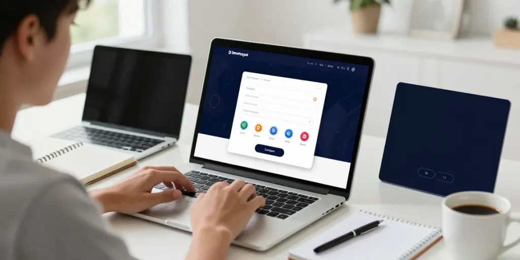 Antarmuka login Dewitogel yang ramah pengguna dengan desain menarik di ruang kerja yang cerah.