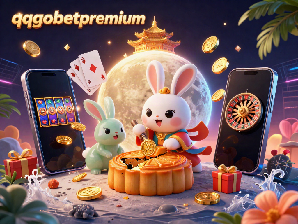 Engage with qqgobetpremium's dynamic online gaming scene featuring joyful moon rabbits amidst colorful casino elements.