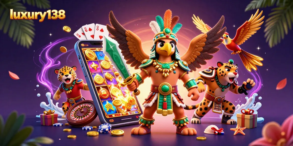 Engage with luxury138’s vibrant slot game features through dynamic Aztec warrior-themed illustration.