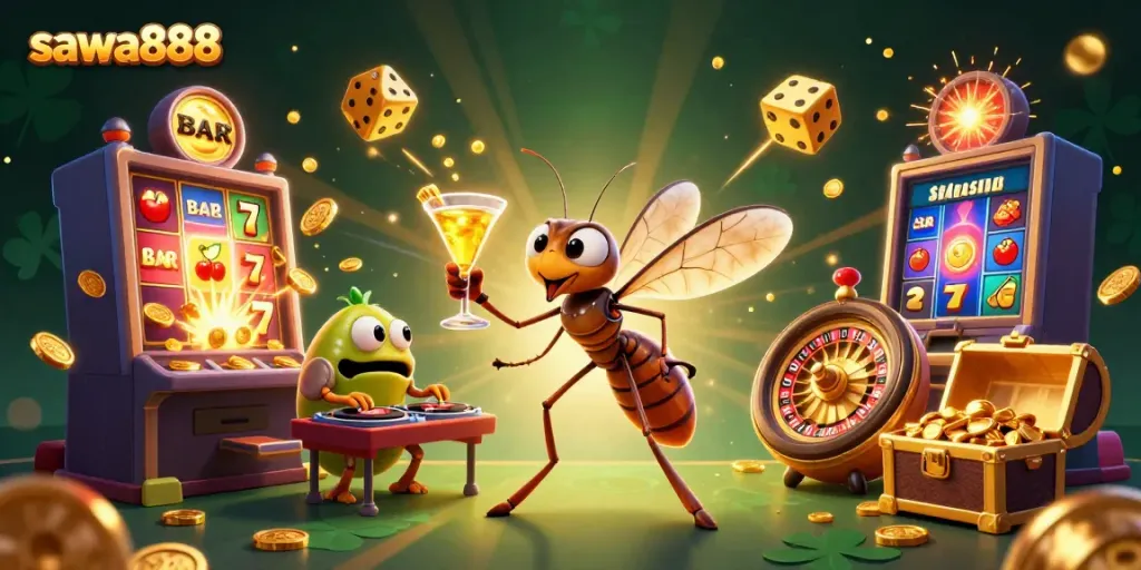 Experience the vibrant thrills of sawa888 with a dynamic casino scene featuring unique 3D characters and rich slot action.