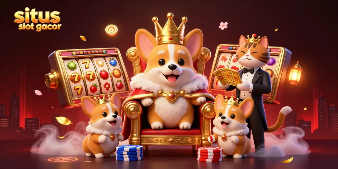 Slot reels berputar di situs slot gacor dengan karakter kartun corgi dan elemen meriah.