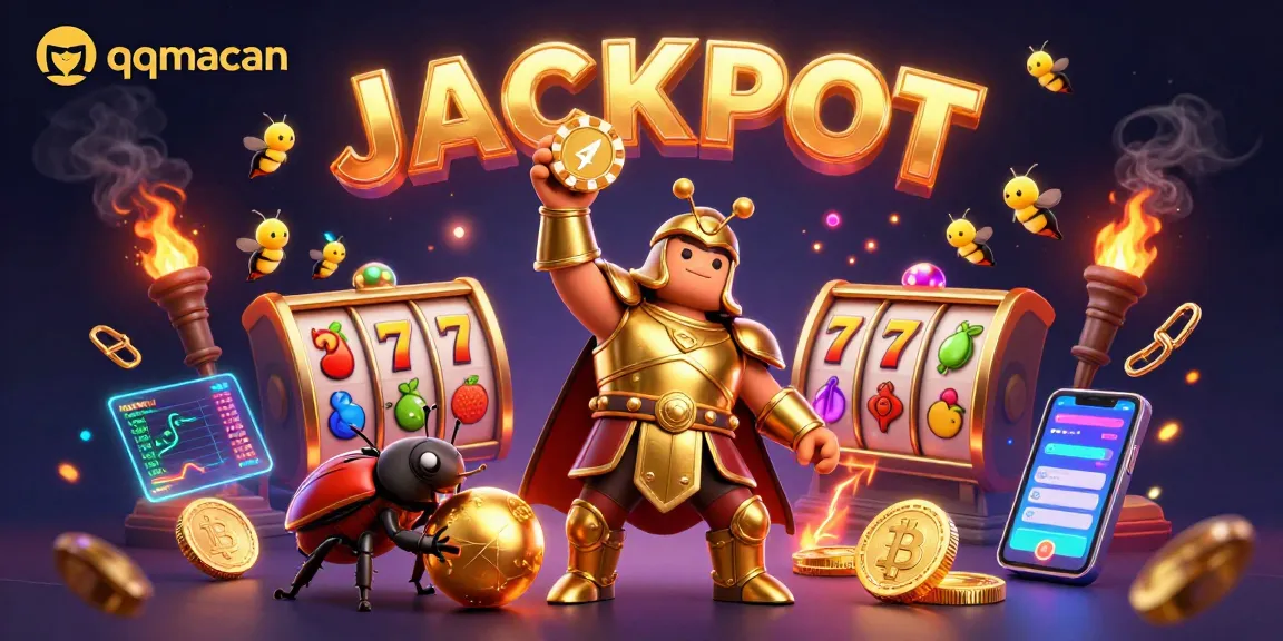 Engage with qqmacan's vibrant slot experience, featuring a heroic beetle and jackpot visuals.