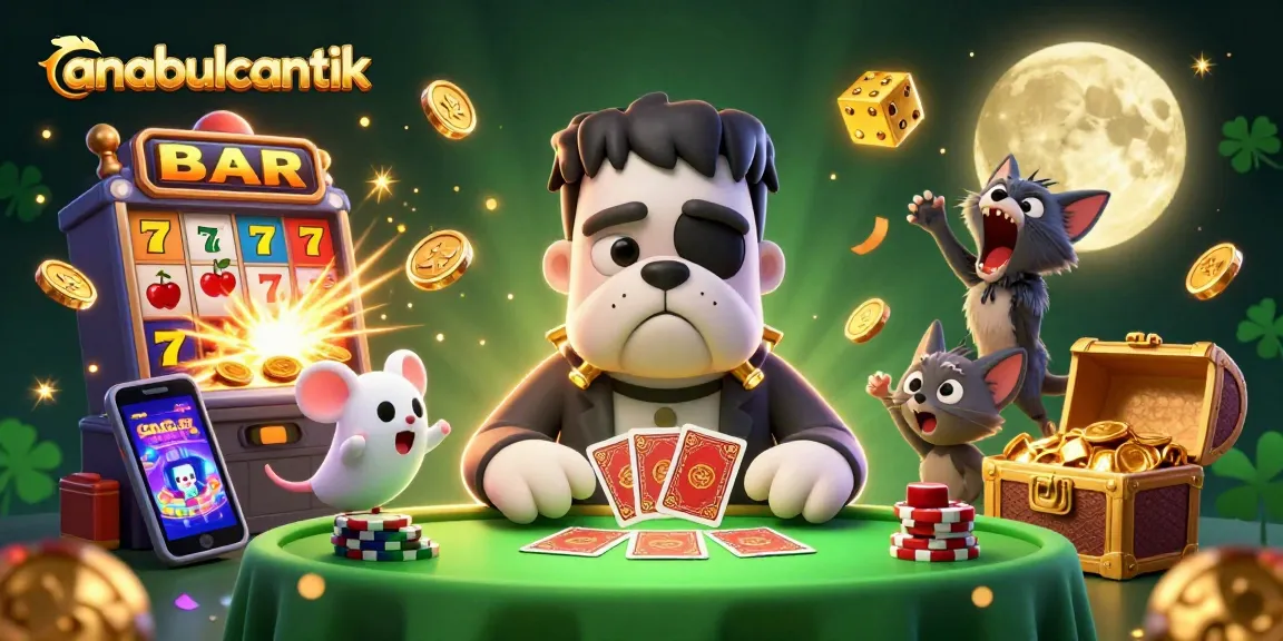 anabulcantik menampilkan monster bulldog frankenstein yang menangani kartu di meja kasino yang menyeramkan