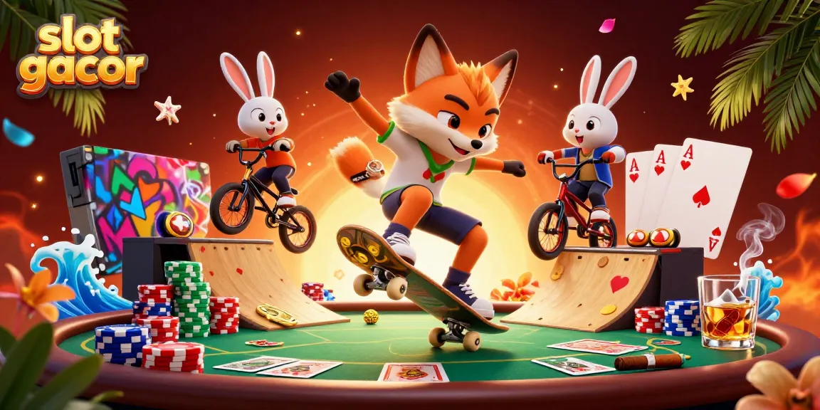 Slot gacor menampilkan rubah skateboard melakukan kickflip di chip poker, suasana kasino menyenangkan.
