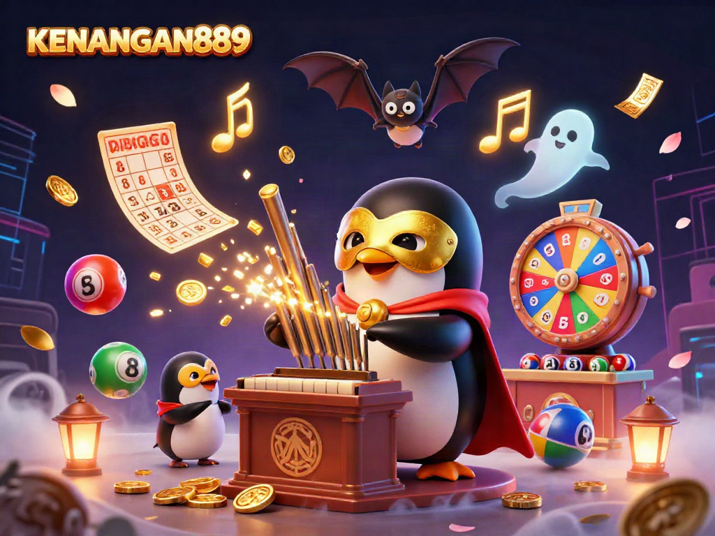 Experience KENANGAN889 with a vibrant scene featuring a penguin organist, acrobatic bat, and dynamic gaming elements.