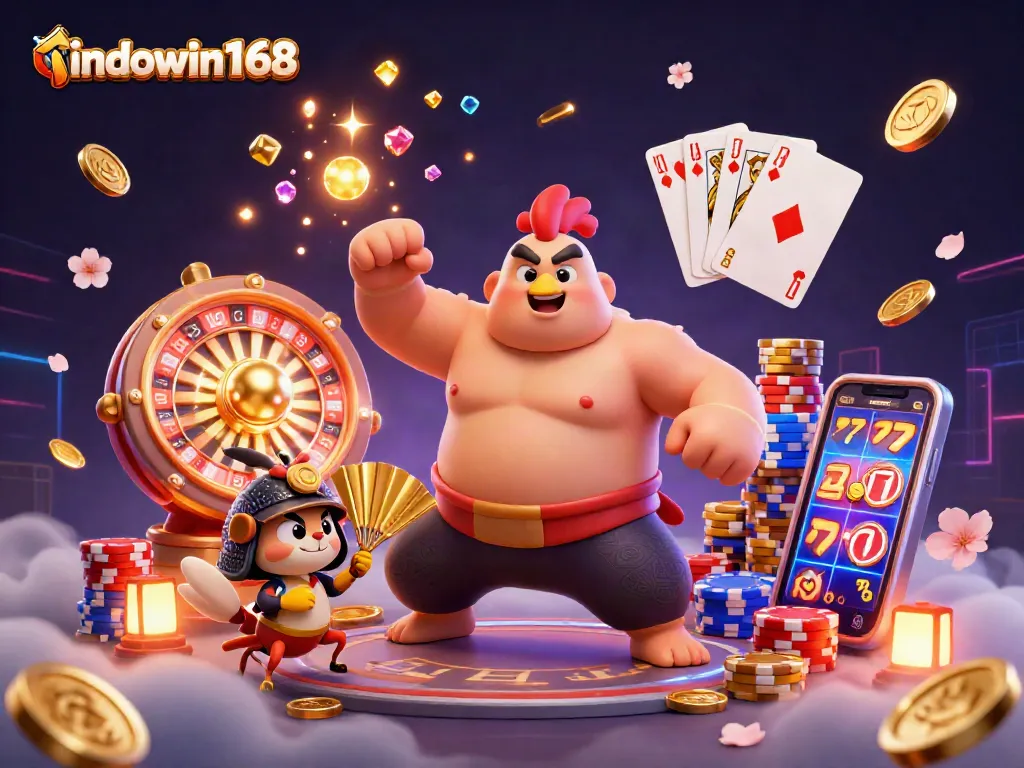 Experience indowin168's exciting gameplay with vibrant characters and dynamic casino elements illuminating the scene.