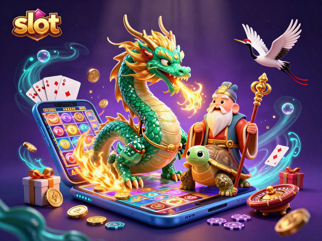 Menangkan slot dengan aksi beruntun dari naga emerald, kura-kura bijak, dan bangau beruntung