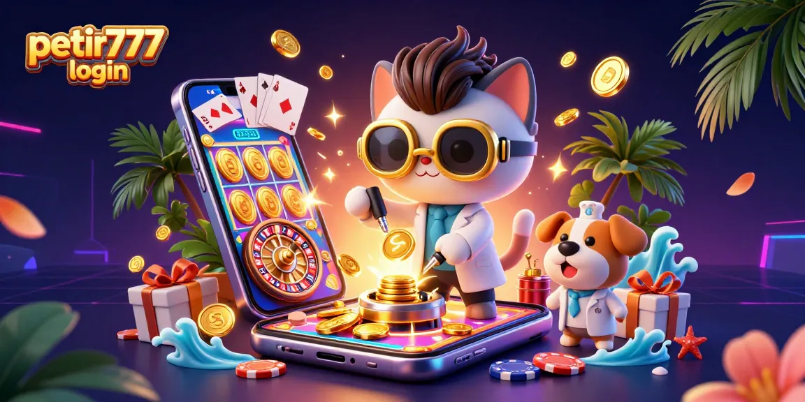 Engage with the thrilling petir777 login experience, featuring a mad scientist cat and dog amidst gold coins and vibrant casino elements.