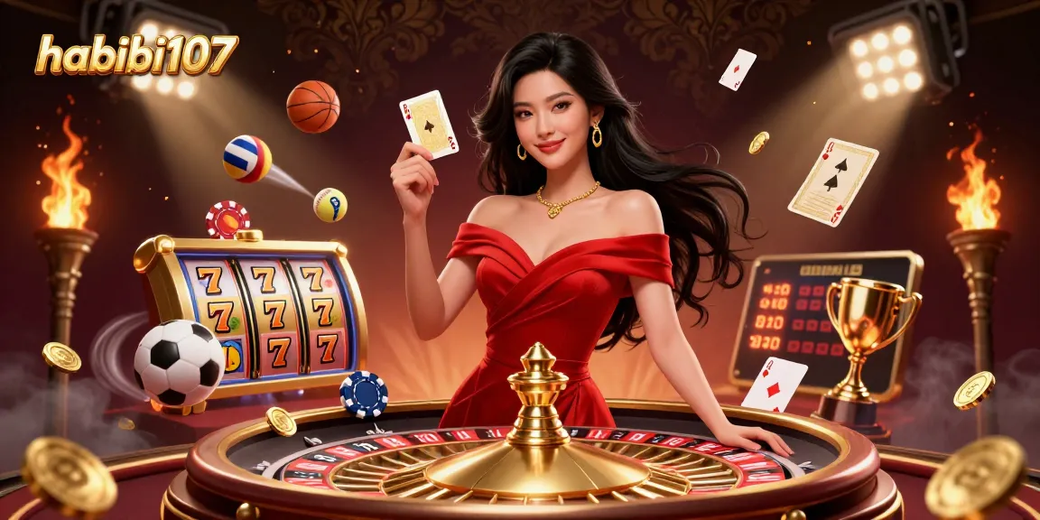 Engage in thrilling online gaming action with habibi107, featuring a beautiful woman and dynamic slot elements.