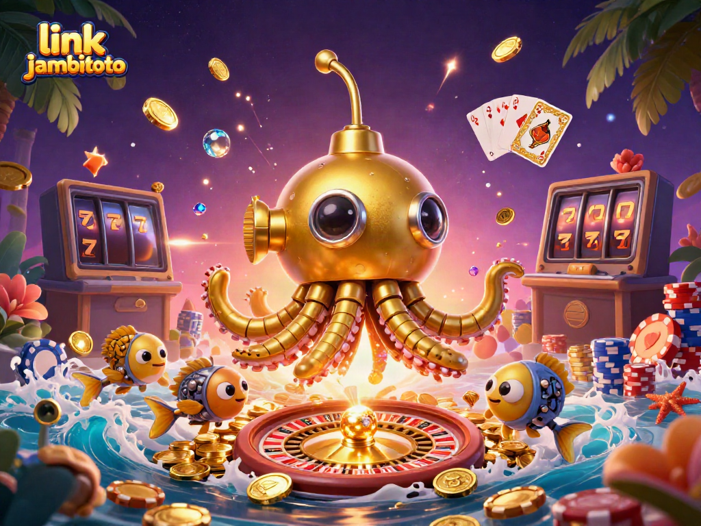 Play exciting games at link jambitoto, featuring a golden kraken submarine and mechanical fish swimming through coins.