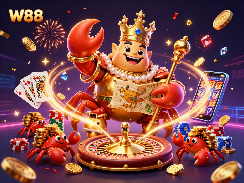 W88 online casino scene with a golden crab emperor and dynamic gaming elements celebrating wins.