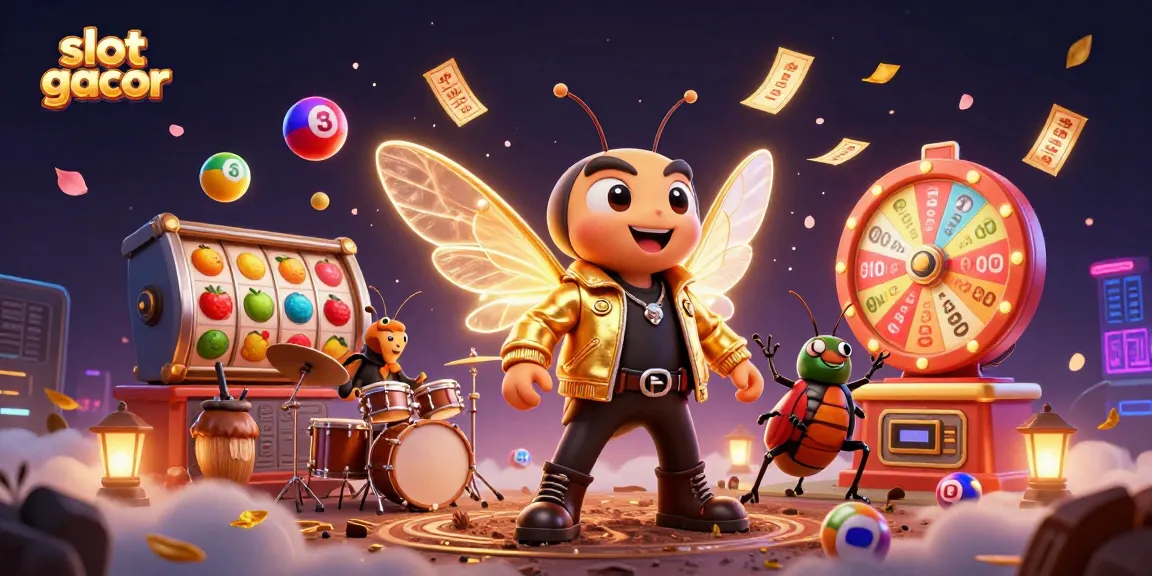 slot gacor menampilkan cicada rock star 3D dalam kasino penuh warna dan slot simbol keberuntungan.