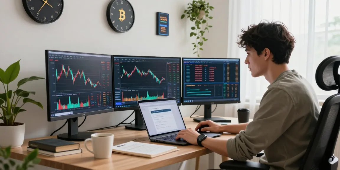 Cryptocurrency trading with Hyperliquid referral code (8000USDT) on modern screens in home office