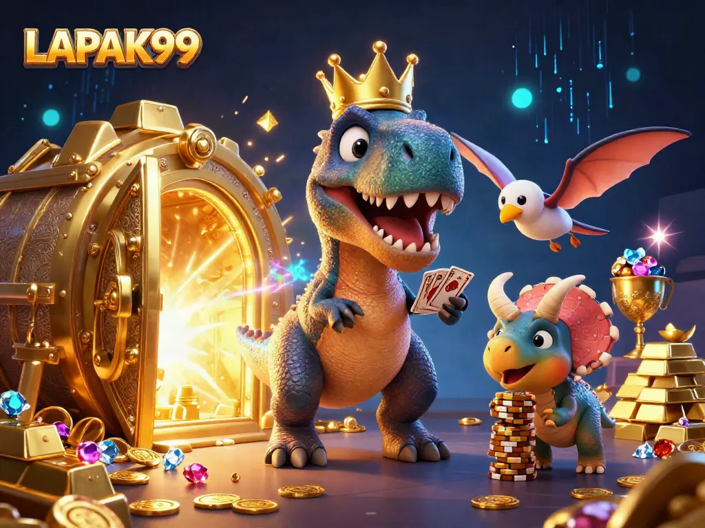 LAPAK99 showcases a whimsical casino scene with a T-Rex shuffling cards amidst shining treasures and playful characters.