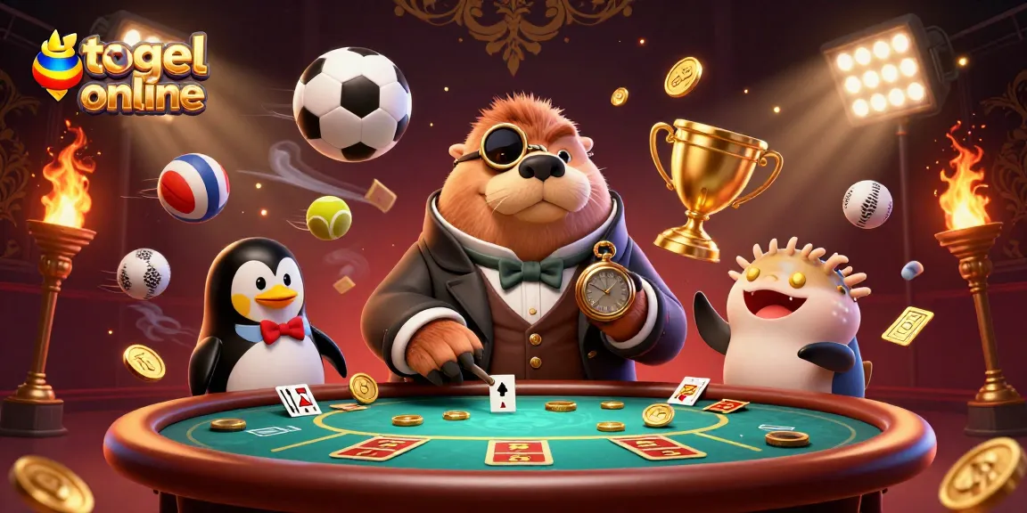 Permainan togel online yang menarik dengan walrus bergaya Victoria dan dealer penguin di meja poker bawah laut.