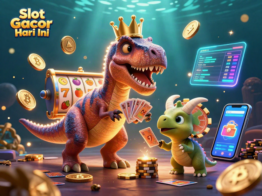 Engage with Slot Gacor Hari Ini through an exciting 3D illustration of a T-Rex entertainingly shuffling cards on a vibrant casino scene.