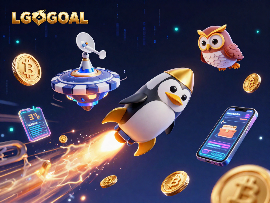 Experience gaming excitement with LGOGOAL's golden penguin navigating a cosmic casino adventure.