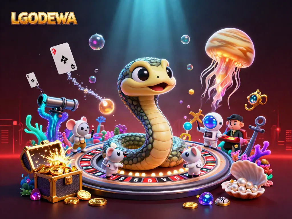 Experience LGODEWA's vibrant gaming universe with astronauts betting on a cosmic roulette wheel.