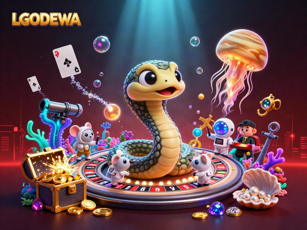 Experience LGODEWA's vibrant gaming universe with astronauts betting on a cosmic roulette wheel.