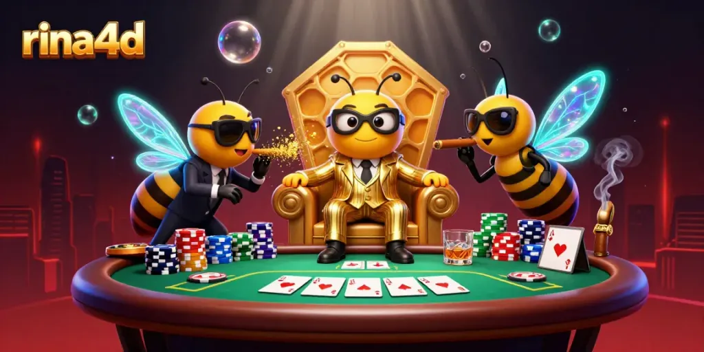 Play poker with the buzzing energy of rina4d featuring a whimsical mob boss surrounded by vibrant gambling elements.