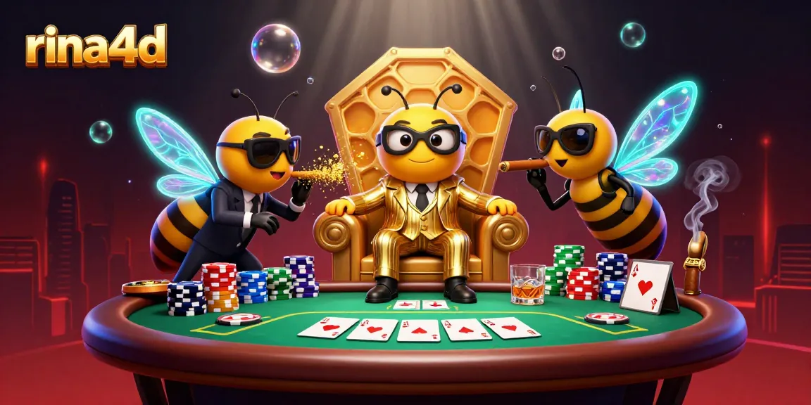 Play poker with the buzzing energy of rina4d featuring a whimsical mob boss surrounded by vibrant gambling elements.