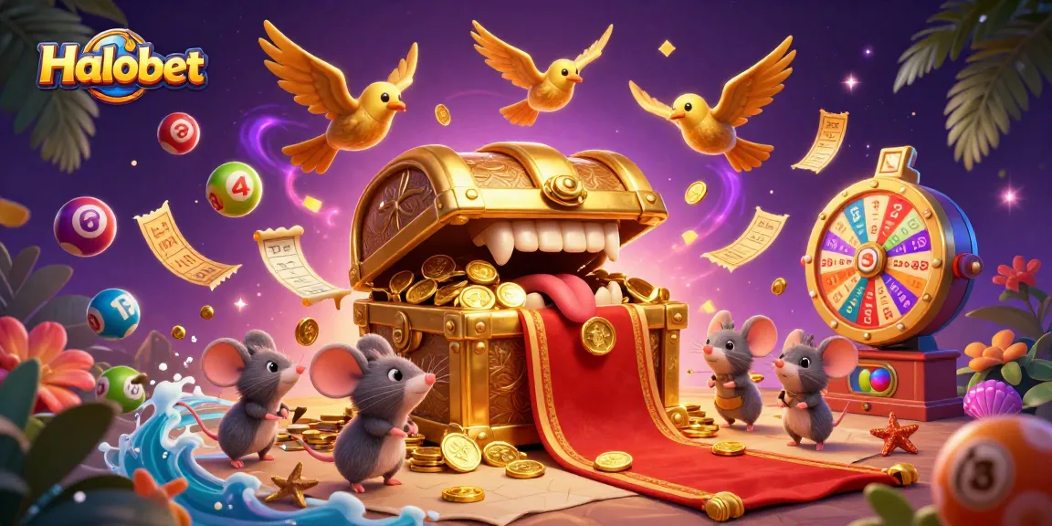 Halobet lures adventurers with a treasure chest in a vibrant casino-themed illustration.