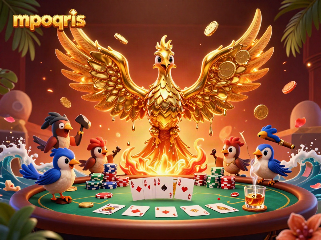 Mpoqris menunjukkan phoenix emas dan elemen permainan poker di kasino.