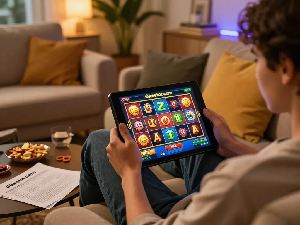 Main OKESlot Deposit Qris Tanpa Potongan dalam aksi dengan orang yang menikmati slot di tablet, menggambarkan pengalaman bermain yang nyaman.
