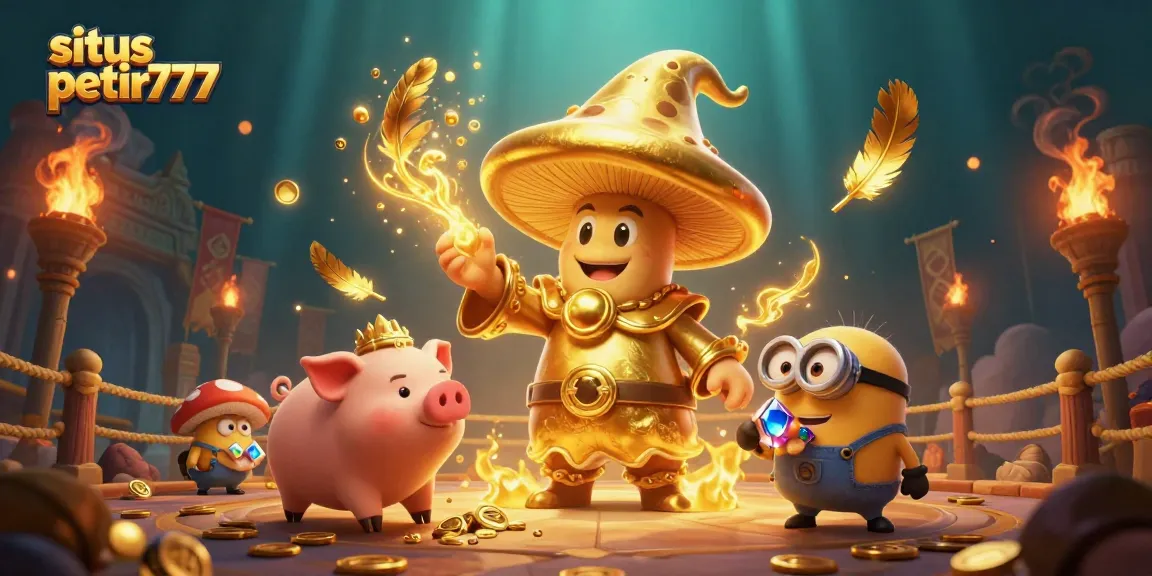 Situs petir777 showcases a magical scene with a golden wizard and treasure-hunting pig, igniting excitement in gambling.