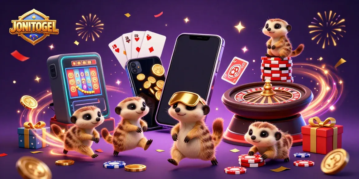 Play at JONITOGEL as meerkats manage a colorful casino scene filled with excitement and joy.
