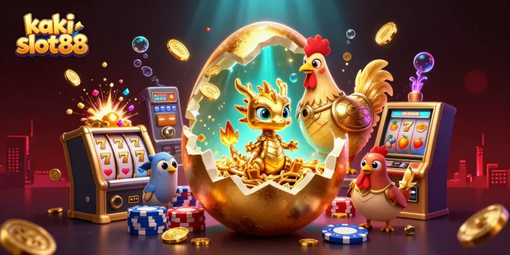 Permainan slot kaki slot88 dengan naga emas dan chip poker di lautan harta karun.