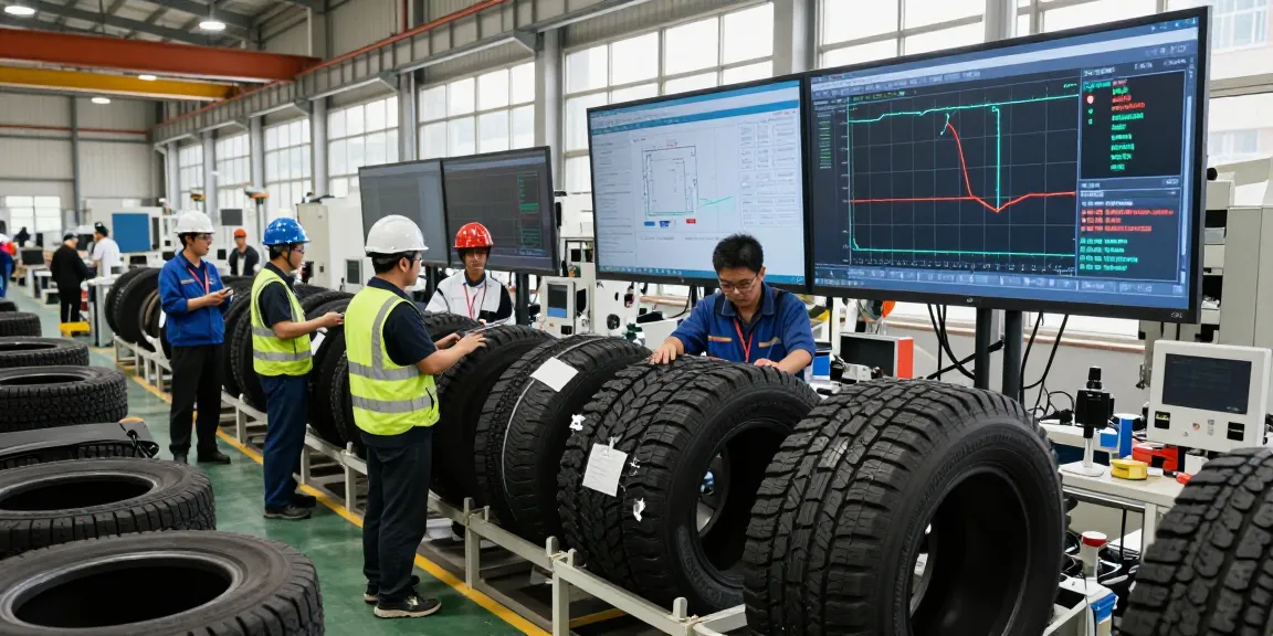 Team of tire engineers reviewing RR99 specifications in a modern factory.