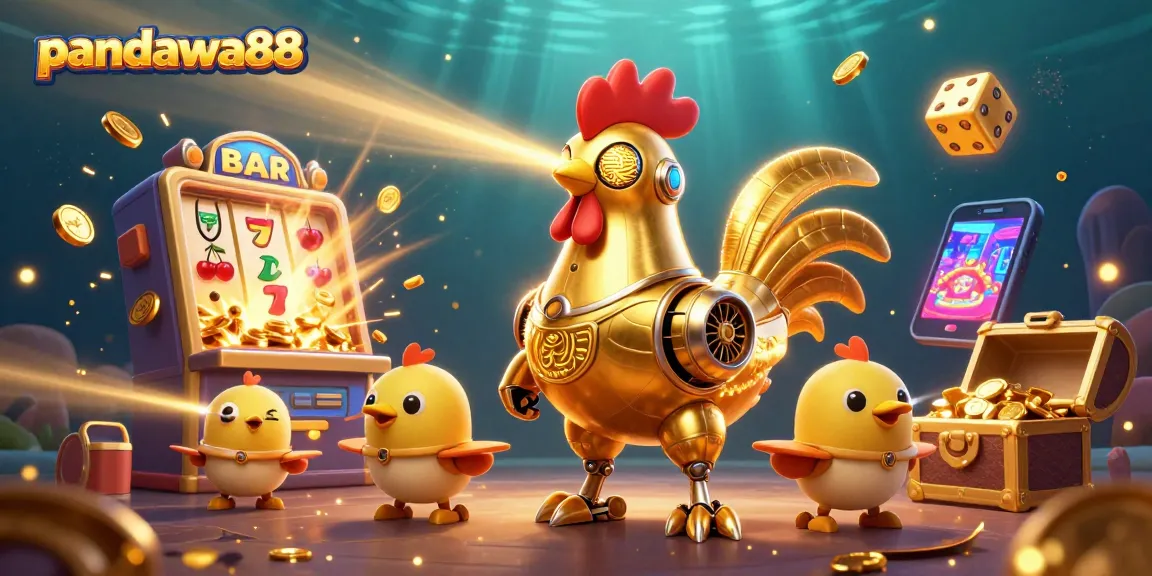 Pandawa88 menghadirkan ilustrasi kasino 3D penuh warna dengan karakter robot ayam dan elemen mesin slot.