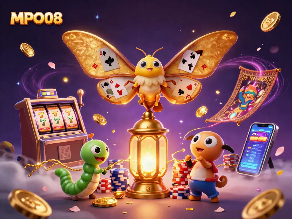 MPO08 engages players with a vibrant illustration showcasing dynamic slot machine reels, golden coins, and casino elements.