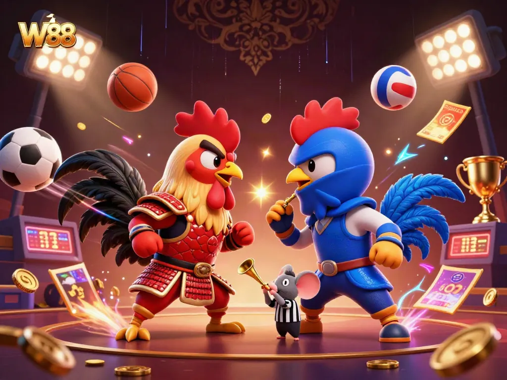 Experience the thrilling W88 showdown of two roosters in dramatic combat amidst vibrant casino elements.