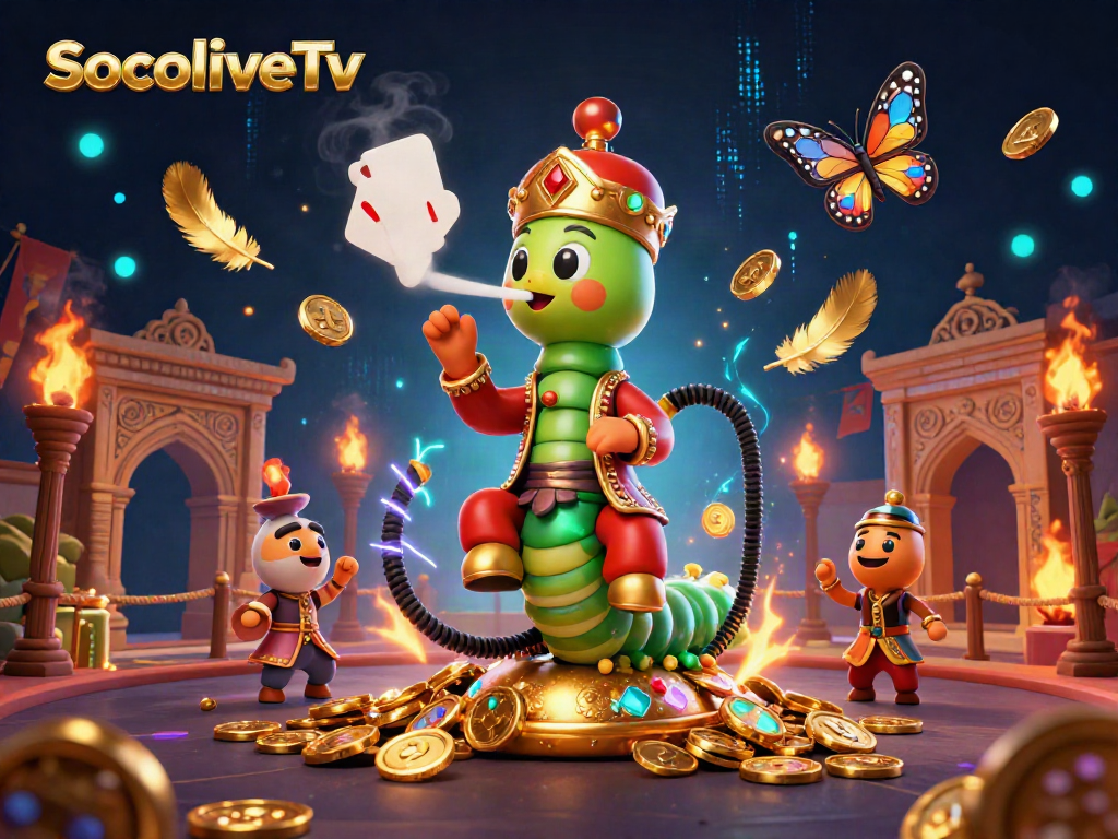 SocoliveTv captures the excitement of gambling with a caterpillar sultan smoking poker hand symbols, surrounded by dynamic casino elements.
