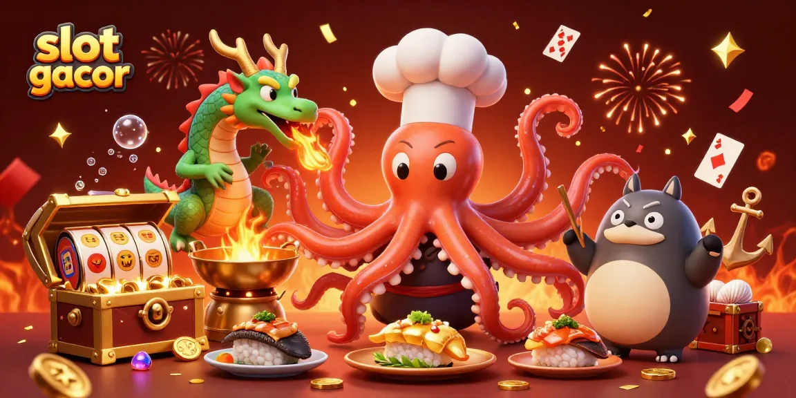 Engage with slot gacor action featuring a sushi chef octopus, dragon, and tanuki amidst vibrant casino elements.