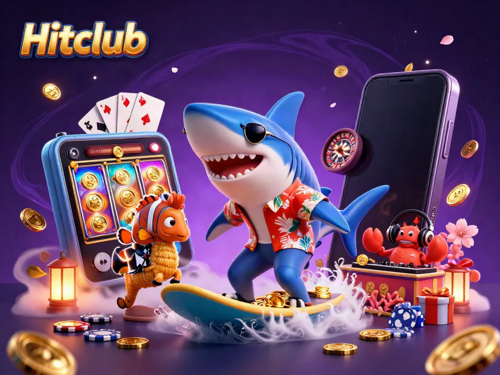 Hitclub 3D illustration of a shark surfing on gold coins with casino elements, vibrant and dynamic.