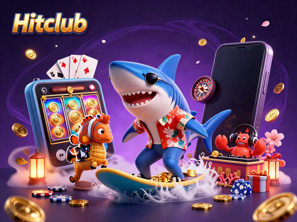 Hitclub 3D illustration of a shark surfing on gold coins with casino elements, vibrant and dynamic.