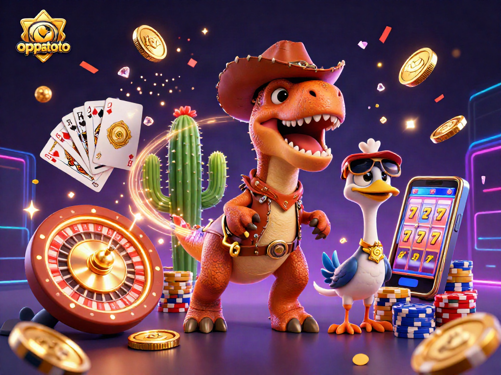 Spin to win with oppatoto's vibrant 3D casino illustration showcasing thrilling gaming action.