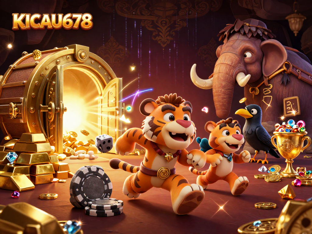 KICAU678 portrays a lively prehistoric casino with a caveman and sabertooth duo engaging in rich gambling.