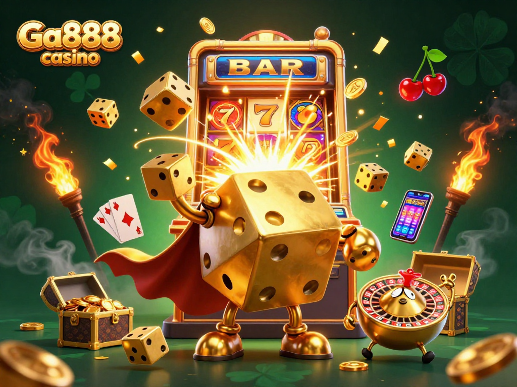 Experience fun gambling thrills at Ga888 casino with our vibrant 3D illustration of casino games.