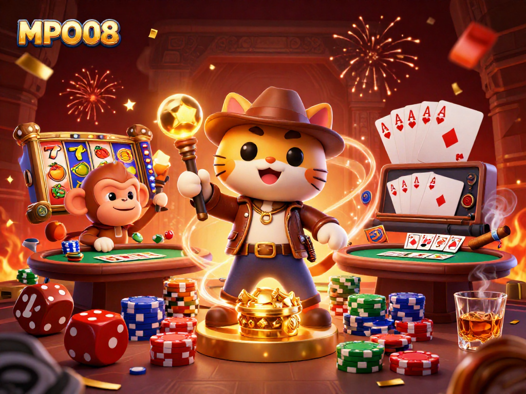 MPO08 reveals thrilling slot adventures in a vibrant 3D casino illustration with an archaeologist cat and monkey.