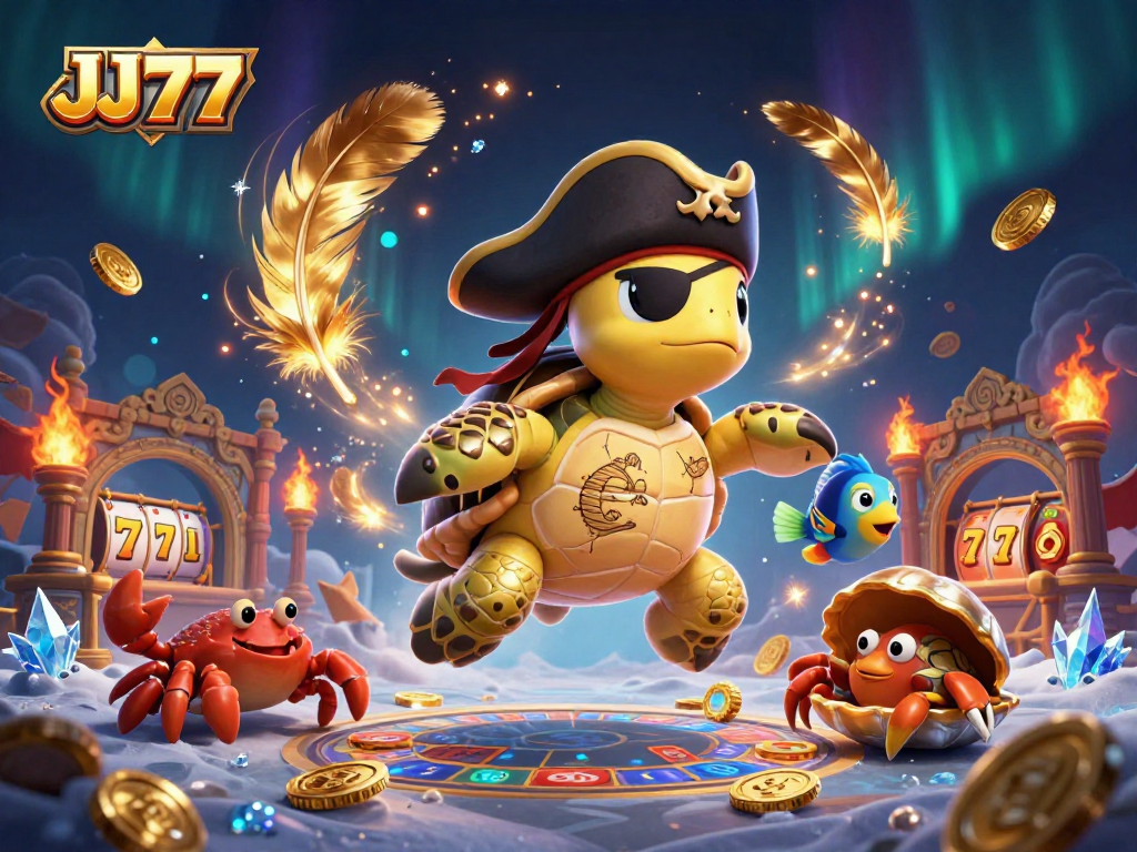 Experience the excitement of JJ77 slots with vibrant characters above sunken treasure.